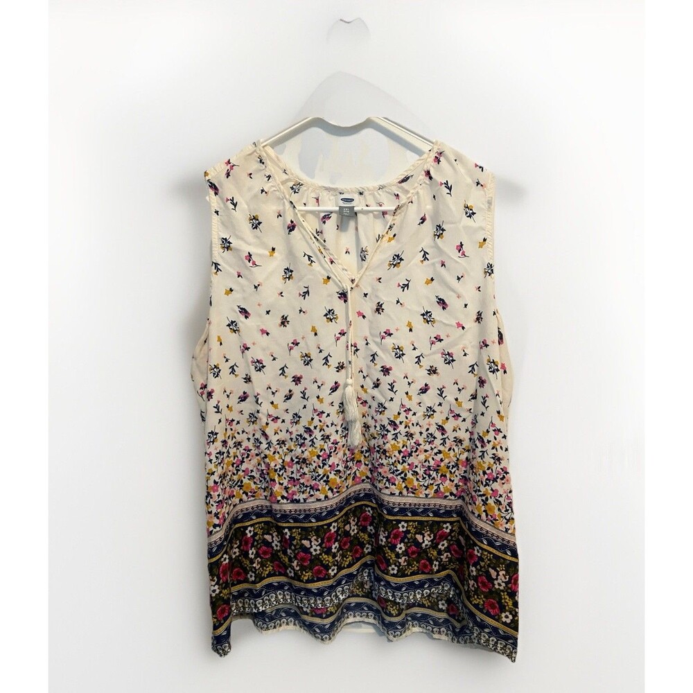 Old Navy Sleeveless Top Womens XXL White Floral Boho Cottage Light tassel tie